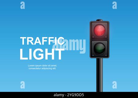 Vector Realistic Traffic Light with Red Light On. Pedestrian Signal in Focus. Traffic Light Illustration Against a Clear Blue Sky Background Stock Vector