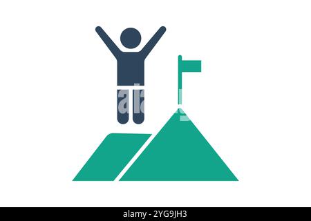 Achievement icon. solid icon style. person with mountain and flag. icon related to motivation. success elements vector illustration Stock Vector