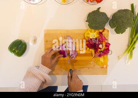 Asian woman preparing fresh vegetables on cutting board, hands slicing onion in kitchen, at home Stock Photo