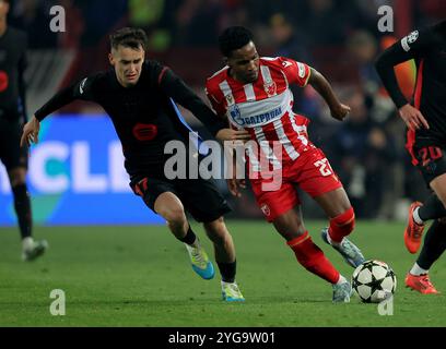 Belgrade, Serbia. 6th Nov, 2024. Crvena Zvezda's Felicio Milson (R) vies with Barcelona's Marc Casado during the UEFA Champions League football match between Crvena Zvezda and Barcelona in Belgrade, Serbia, on Nov. 6, 2024. Credit: Predrag Milosavljevic/Xinhua/Alamy Live News Stock Photo