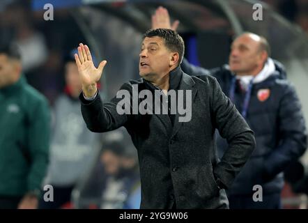 Belgrade, Serbia. 6th Nov, 2024. Crvena Zvezda's head coach Vladan Milojevic gestures during the UEFA Champions League football match between Crvena Zvezda and Barcelona in Belgrade, Serbia, on Nov. 6, 2024. Credit: Predrag Milosavljevic/Xinhua/Alamy Live News Stock Photo