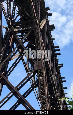 view of rosendale trestle steel railway bridge from below (detail of crossing steel beams, abandoned railroad infrastructure converted to rail trail) Stock Photo