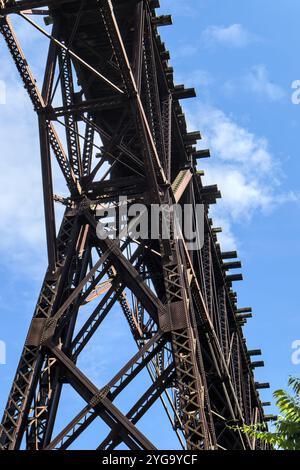 view of rosendale trestle steel railway bridge from below (detail of crossing steel beams, abandoned railroad infrastructure converted to rail trail) Stock Photo