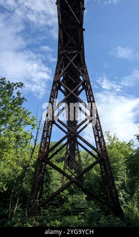 view of rosendale trestle steel railway bridge from below (detail of crossing steel beams, abandoned railroad infrastructure converted to rail trail) Stock Photo