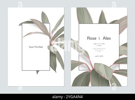Foliage wedding invitation card template design, Cordyline fruticosa Firebrand plant on white Stock Vector