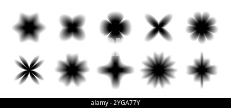 Black smooth blurred gradient form set. Grunge blurry aura shape collection. Fading abstract elements for poster, template, badge, sticker, collage. Vector flowers, sparkles and stars pack  Stock Vector