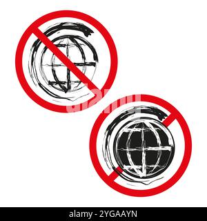 No globe icon. Forbidden internet symbol. Crossed-out world. Red prohibition mark. Stock Vector