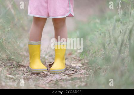 Child wearing yellow rubber boots and pink shorts standing on a path surrounded by grass and scattered leaves. Stock Photo