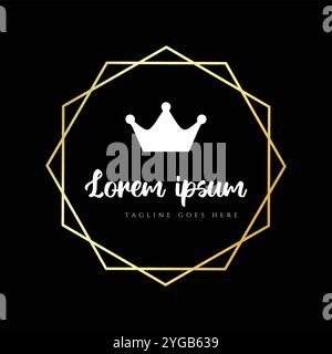 Luxury King Crown with Golden Geometric Hexagonal Line Frame for Jewelry Boutique Store Logo Design Vector Stock Vector