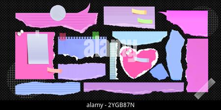 Ripped paper fragments in pink, purple and blue colors. Lined, dotted, plain torn sheets with tape pieces and pushpins. Heart and speech bubble shaped cutout scrapbook or newspaper decorative elements Stock Vector
