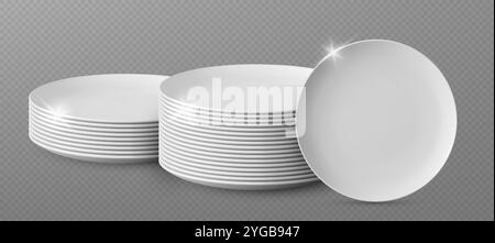 Pile of white clean plate. Kitchen dish stack. Porcelain dinner crockery front view. Glass clear bowl for food isolated on transparent background. Round sparkling serving dishware object in restaurant Stock Vector