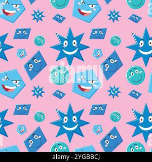Colorful shapes with expressive faces on pink background Stock Vector