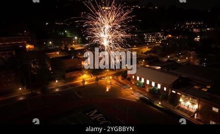 Vibrant fireworks light up the night sky, exploding in dazzling colors and patterns, creating a breathtaking display Stock Photo