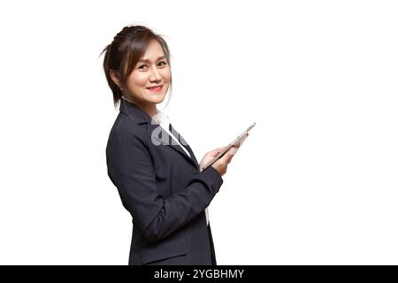 Smart adult Asian Business women, Office people standing with tablet isolated on white background. Stock Photo