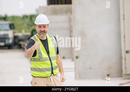 senior construction worker male Caucasian standing happy smiling outdoor at construction site, Stock Photo