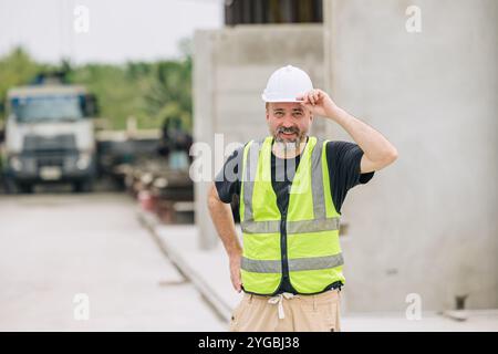 senior construction worker male Caucasian standing happy smiling outdoor at construction site, Stock Photo