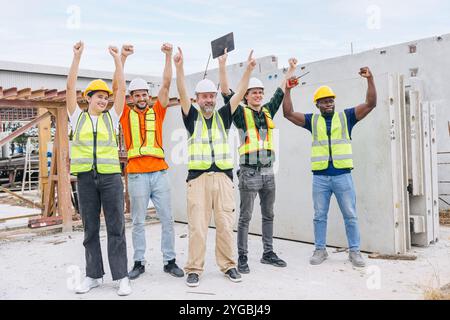 Group of workers teamwork in construction industrial plant. Diverse workers standing together. Happy cheerful Industrial engineer people team concept. Stock Photo