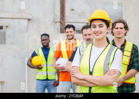 Group of Engineer women leader teamwork happy smiling standing arm crossed, Workers team working together outdoor at construction site. Stock Photo