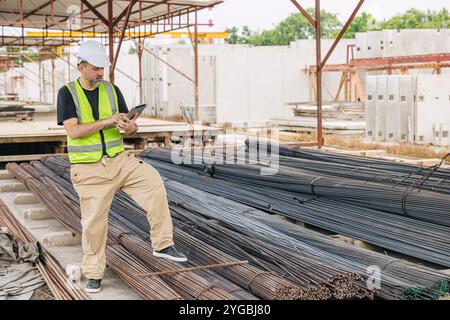 Engineer worker, Officer working check steel bar strength grade for high quality products and standard in construction site. Stock Photo