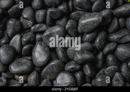 Black round curved river rocks pebbles stone for nature pattern texture background. Stock Photo