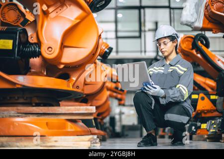 Engineer woman working in advance robotic machine factory. Indian female engineering staff work software update robot arm in assembly plant Stock Photo