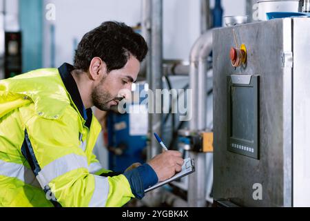 Factory engineer operate control machine check list writing value from control panel monitor temperature of water boiler in factory. Stock Photo