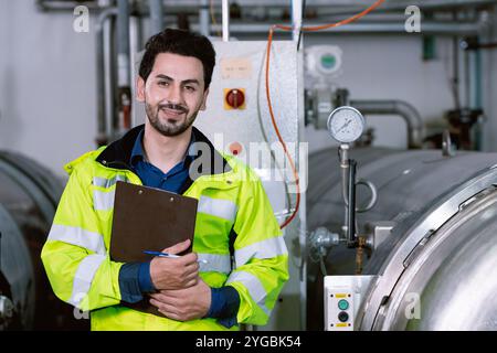 Portrait of satisfied happy smiling factory manager. Engineer male wearing safety vest standing with checkboard service worker in boiler tank room. Stock Photo