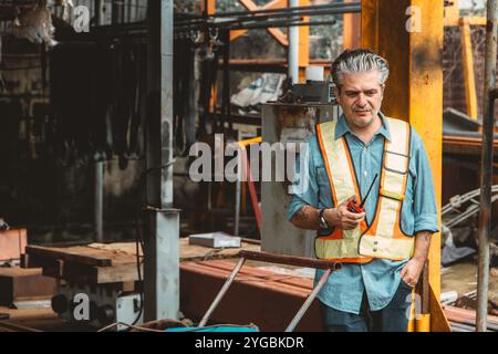 Engineer construction worker site moody stressed exhausted feel down bad emotion tired from hard work. Stock Photo