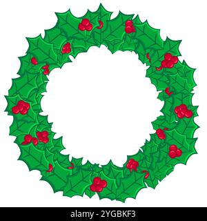 Festive Holly Wreath with berries and green leaves, Xmas decoration isolated on a white background Stock Vector