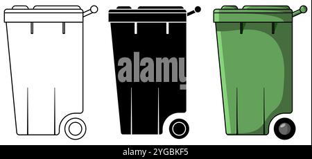 Set of Wheelie Bin flat vector elements in black and white and colour cartoon versions isolated on a white background Stock Vector