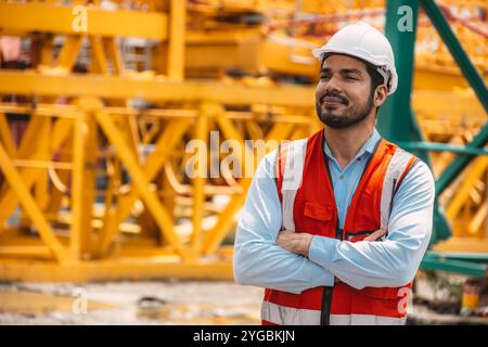 Smart Happy confident Indian construction worker standing smile arm crossed at crane tower construction site. Stock Photo
