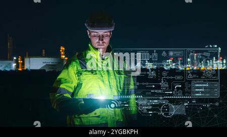 Modern technology oil and gas refinery engineer worker using advance digital device monitor service in petroleum industry pipe plant. Stock Photo