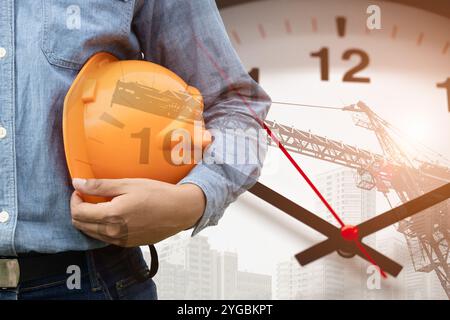 Construction Engineer Architect Project Management Builder Workers Work Against with Time Clock, Build Renovate Times Challenge Concept. Stock Photo