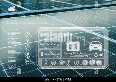 Solar Panel PV System or Solar farm Clean energy overlay graphics HUD software interface for Modern Power control system concept. Stock Photo