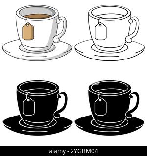 Tea cup in 4 designs, colour, black and white and black with a knockout outline isolated on a white background Stock Vector