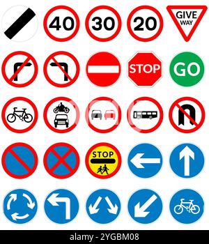 25 common UK Road Signs isolated on a white background Stock Vector
