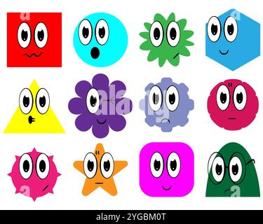 Set of funny shaped faces in a cartoon style, isolated on a white background Stock Vector