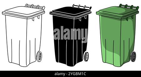 Set of 3 dimensional Wheelie Bin  vector elements in black and white and colour cartoon versions isolated on a white background Stock Vector
