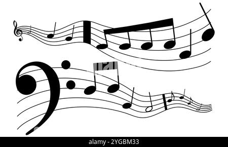 Musical notes wave and stave, treble and bass clef, song or sheet music design, flat vector Stock Vector