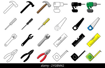 Set of Tools including a hammer, screwdriver, wrench and pliers in various designs, black, white and colour versions Stock Vector