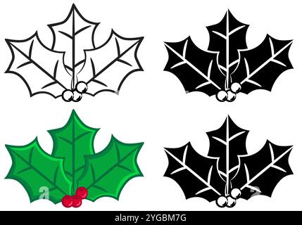 Set of festive Holly vectors in Black and white and colour with cartoon style outline versions isolated on a white background Stock Vector