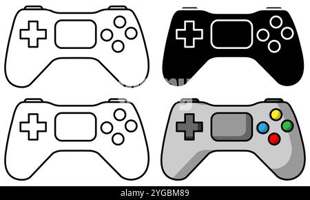 Set of video game controllers or joypads in black and white and colour versions isolated on a white background Stock Vector