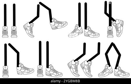 Cartoon set of feet and legs with fashionable basketball shoes isolated on a white background Stock Vector