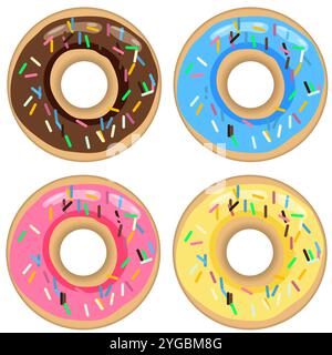Set of colourful Doughnuts with sprinkles and glazed icing, isolated on a white background Stock Vector