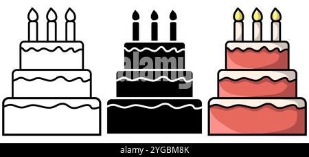3 tiered cake design elements in black and white and colour versions isolated on a white background Stock Vector
