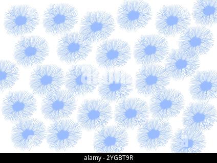 Background with decorative elements of blue color on white. Uneven circles from the center of which many thin curved lines emerge. The elements touch. Stock Photo