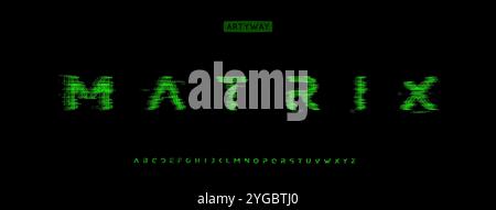 Cyber glitch alphabet, matrix effect letters, binary code pixelated font for retrofuturism logo, cyberpunk headlines, Y2K arcade title, data cyber Stock Vector