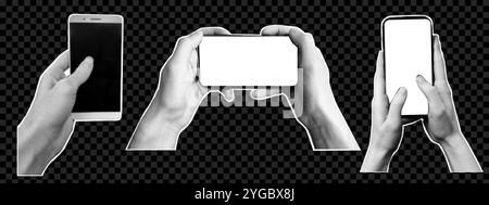 Set of hands holding phone with empty display on transparent background. Retro halftone effect Stock Vector