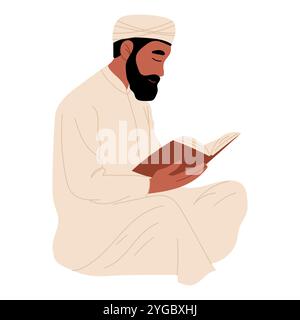 Muslim man reads Quran. Eid al Fitr Mubarak celebration. Traditional Muslim holiday. Stock Vector