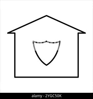 A minimalist flat icon representing home protection, featuring a stylized house with a shield. Perfect for enhancing home decor, symbolizing safety an Stock Vector